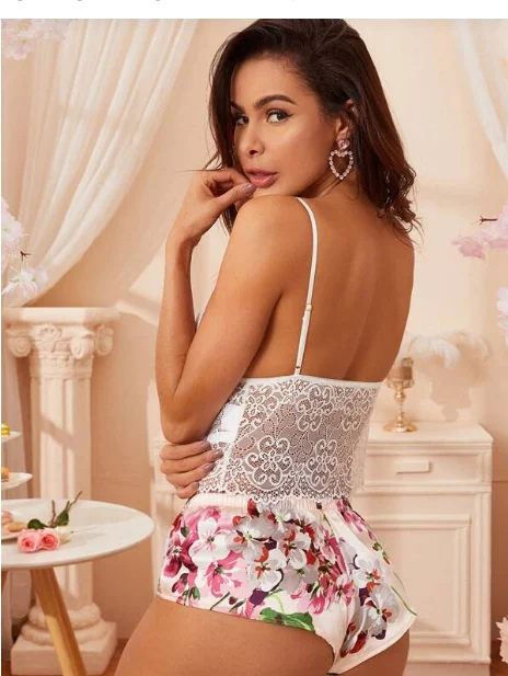 Screenshot 2021 03 20 Contrast Lace Cami Top With Floral Satin Shorts Lingerie Set1