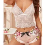 Contrast Lace Cami Top With Floral Satin Shorts Lingerie Set