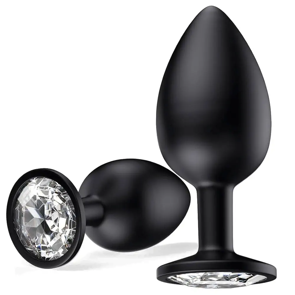Silicone Anal Plugs with Jewel Black Clear Gem