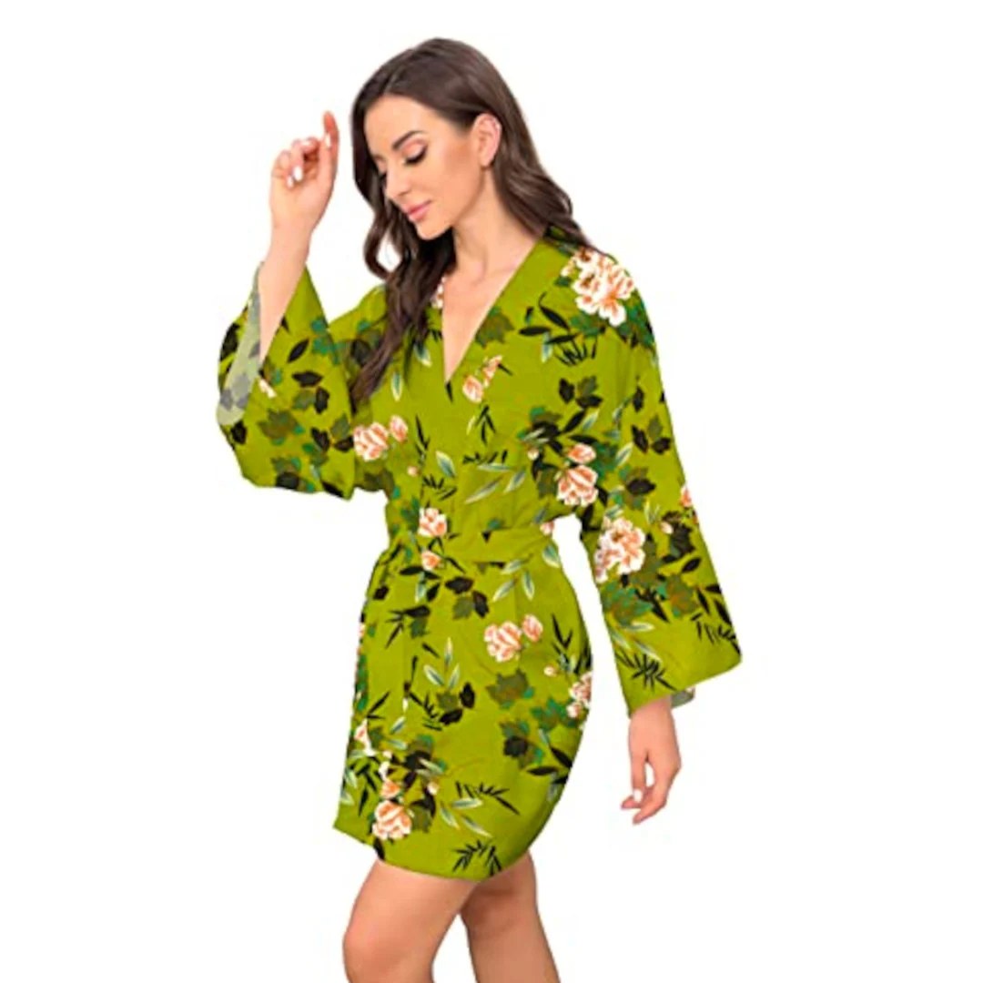 Lightweight Rayon Polyester Silky Floral Kimono Robe Green