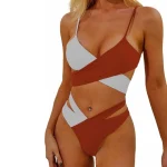 Brazilian High Waist Color Block Bikini Piece White Brown