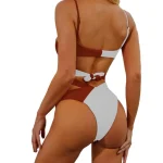 Brazilian High Waist Color Block Bikini Piece White Brown