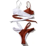 Brazilian High Waist Color Block Bikini Piece White Brown