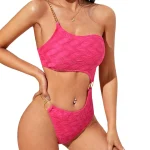 Cut Out One Shoulder Chain Linked Monokini One Piece Swimsuit Pink