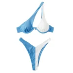 Underwire One Shoulder High Cut Bikini Set Piece Blue White