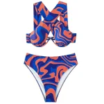 Boho All Over Print High Waist Criss Cross Bikini Set Orange Blue