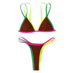 Color Block High Cut Triangle Thong Bikini Set Brown