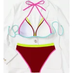 Color Block High Cut Triangle Thong Bikini Set Brown