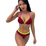 Color Block High Cut Triangle Thong Bikini Set Brown
