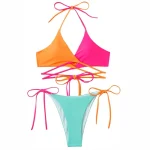 Colorblock High Cut Tie Side Lace Up Thong Bikini Set