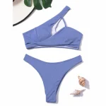 One Shoulder Ribbed Two Piece Bikini Denim Blue