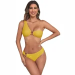 One Shoulder Ribbed Two Piece Bikini Set Yellow