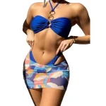Ring Linked Halter High Cut Bikini Piece Blue