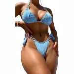 Tie Knot Halter Triangle Bikini Set with Gold Rings Light Blue