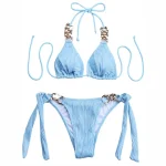 Tie Knot Halter Triangle Bikini Set with Gold Rings Light Blue