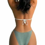 Two Piece Colorblock Tie Side Triangle Halter Bikini Set Moss