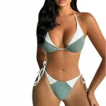 Two Piece Colorblock Tie Side Triangle Halter Bikini Set Moss