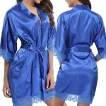 Satin Silk Robes with Lace Trim and Pockets Royal Blue Set