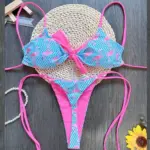 Flamingo Grid Print Two Piece Thong Bikini Blue Pink