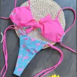Flamingo Grid Print Two Piece Thong Bikini Blue Pink