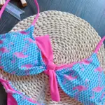 Flamingo Grid Print Two Piece Thong Bikini Blue Pink
