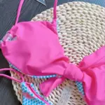 Flamingo Grid Print Two Piece Thong Bikini Blue Pink