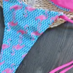 Flamingo Grid Print Two Piece Thong Bikini Blue Pink