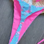 Flamingo Grid Print Two Piece Thong Bikini Blue Pink
