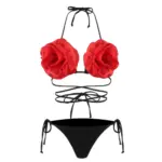 Halter Back Bikini Set with Flower Cups RedBlack