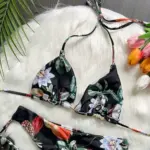 High Waist Brazilian Thong Bikini Swimsuit Set Black Tropical