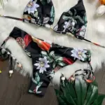 High Waist Brazilian Thong Bikini Swimsuit Set Black Tropical