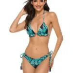 High Waist Brazilian Thong Bikini Swimsuit Set Green Palms