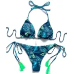 High Waist Brazilian Thong Bikini Swimsuit Set Green Palms