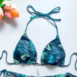 High Waist Brazilian Thong Bikini Swimsuit Set Green Palms