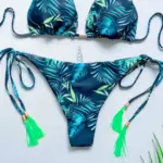 High Waist Brazilian Thong Bikini Swimsuit Set Green Palms