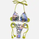 High Waist Brazilian Thong Bikini Swimsuit Set Green Purple Palms