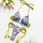 High Waist Brazilian Thong Bikini Swimsuit Set Green Purple Palms