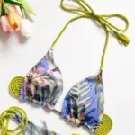High Waist Brazilian Thong Bikini Swimsuit Set Green Purple Palms