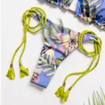 High Waist Brazilian Thong Bikini Swimsuit Set Green Purple Palms