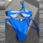 One Shoulder Mesh Patchwork Bikini Set Blue