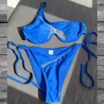 One Shoulder Mesh Patchwork Bikini Set Blue