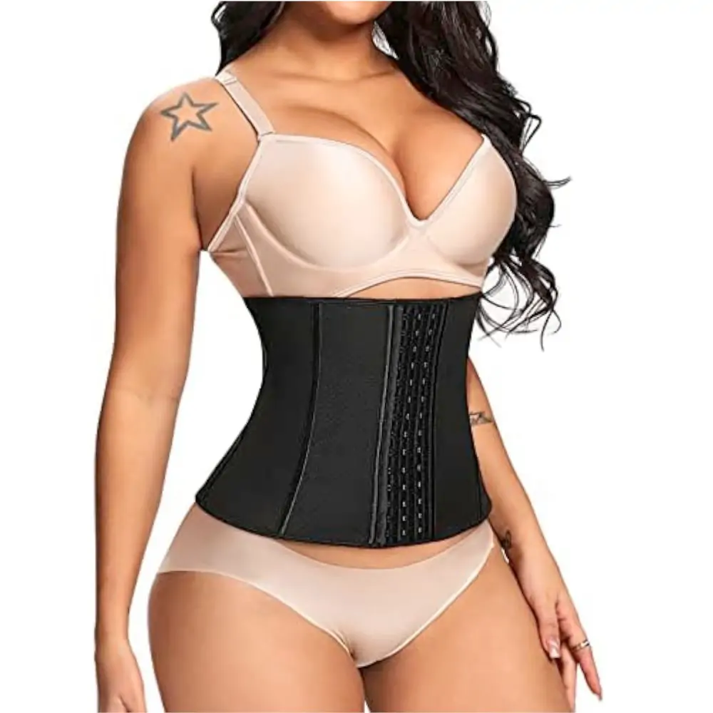 Latex Short Waist Cincher with Steel Bones Hook Rows Black OPT