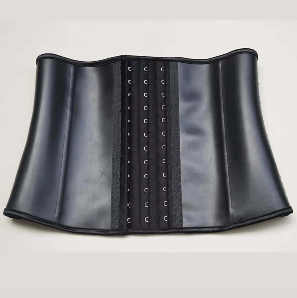 Latex Short Waist Cincher with Steel Bones Hook Rows Black