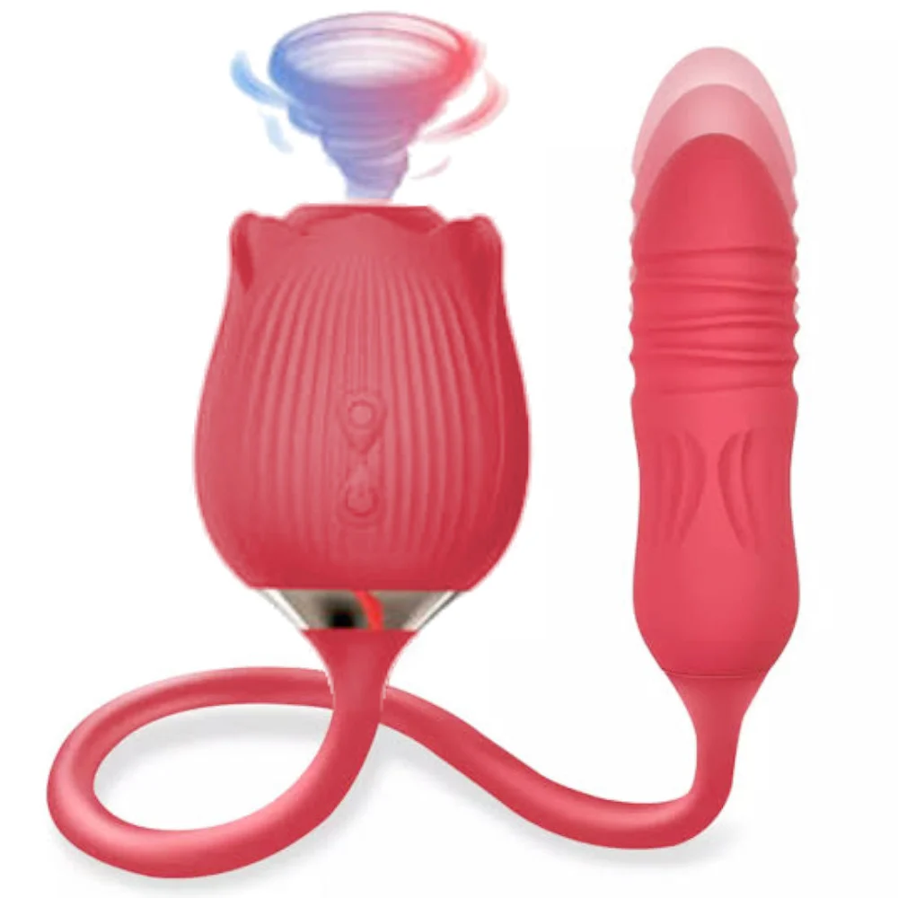 Rechargeable Rose Vibrator with Powerful Suction and Thrusting Red Rose
