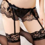 Lace Open Crotch Suspender Belt and High Knee Stockings Set Black