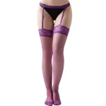 Lace Over Knee Thigh High Stockings Open Crotch High Waist Thin Suspender Purple
