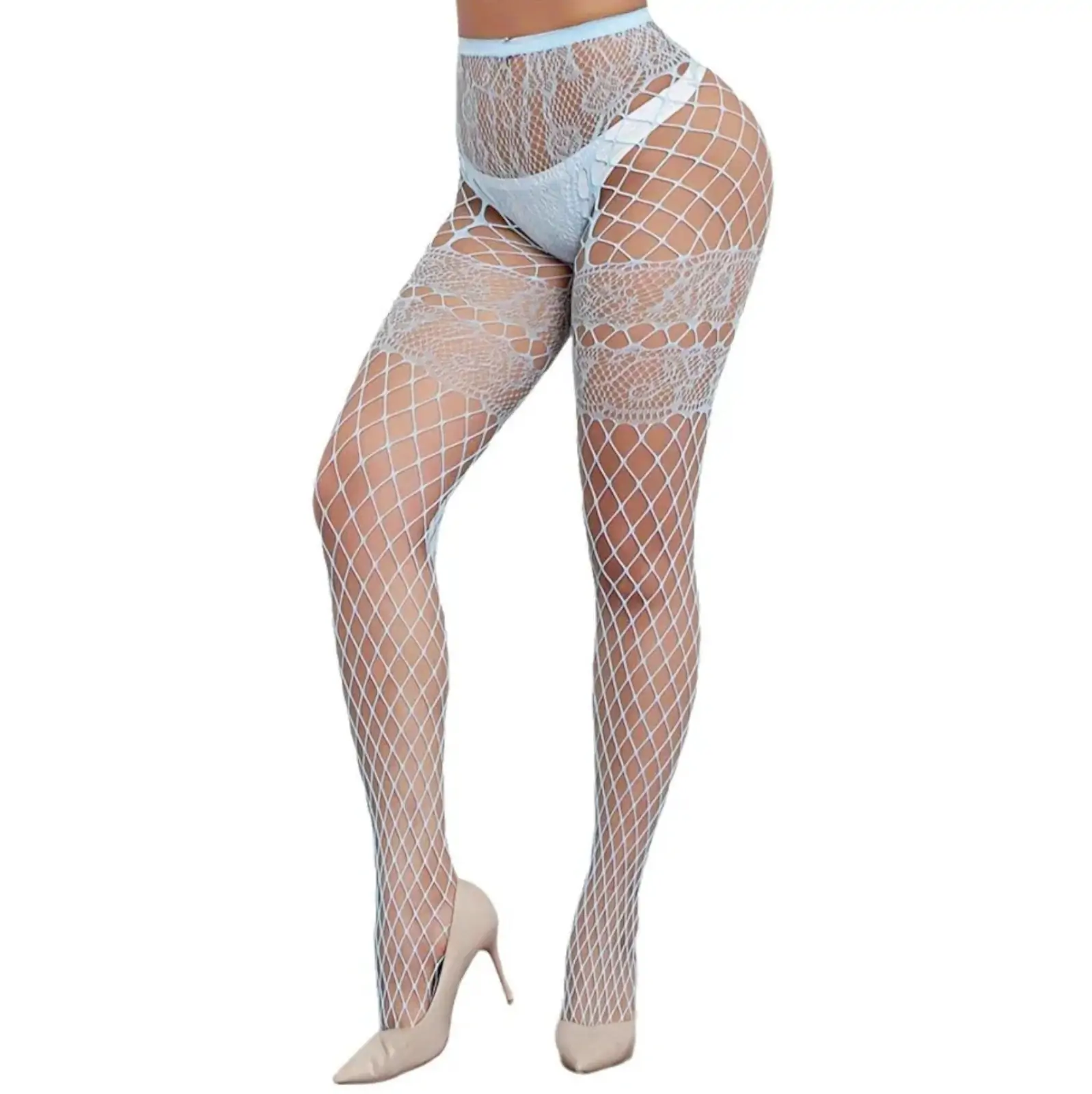 Women's Classic High Waist Fishnet Black Stockings with Garter Powder Blue
