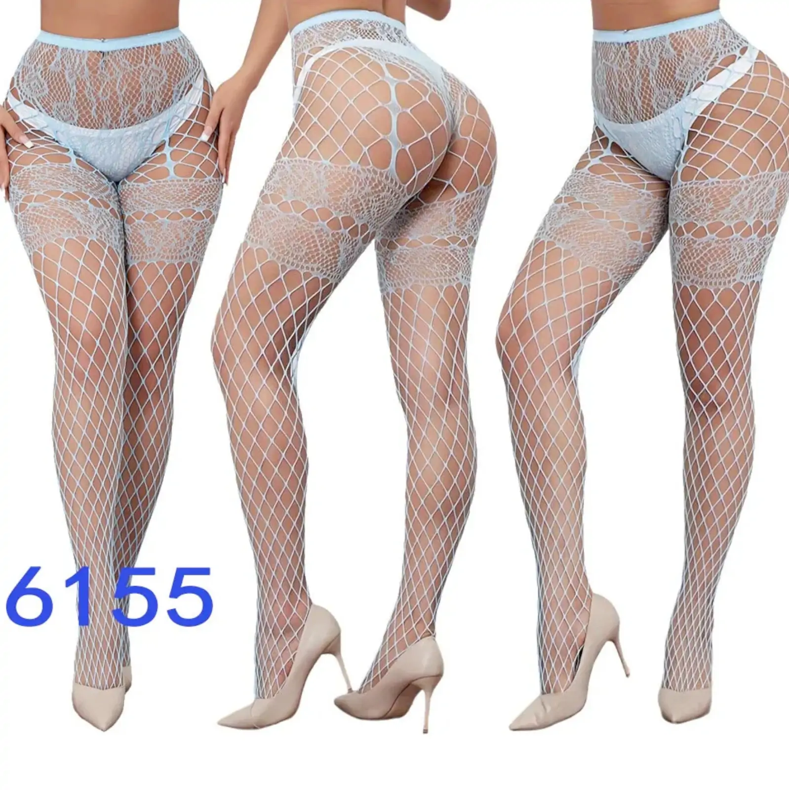 Women's Classic High Waist Fishnet Black Stockings with Garter Powder Blue