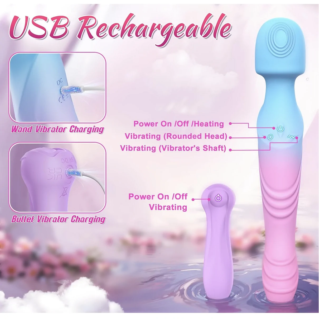Silicone Rechargeable Vibrators with Vibration Modes Blue Pink