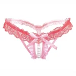 Beaded Transparent Lace Thong Underwear Pearls Pink